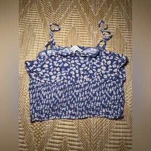 American Eagle Women's Blue Flower Print Crop Top, Ruched Tank Top, Size S